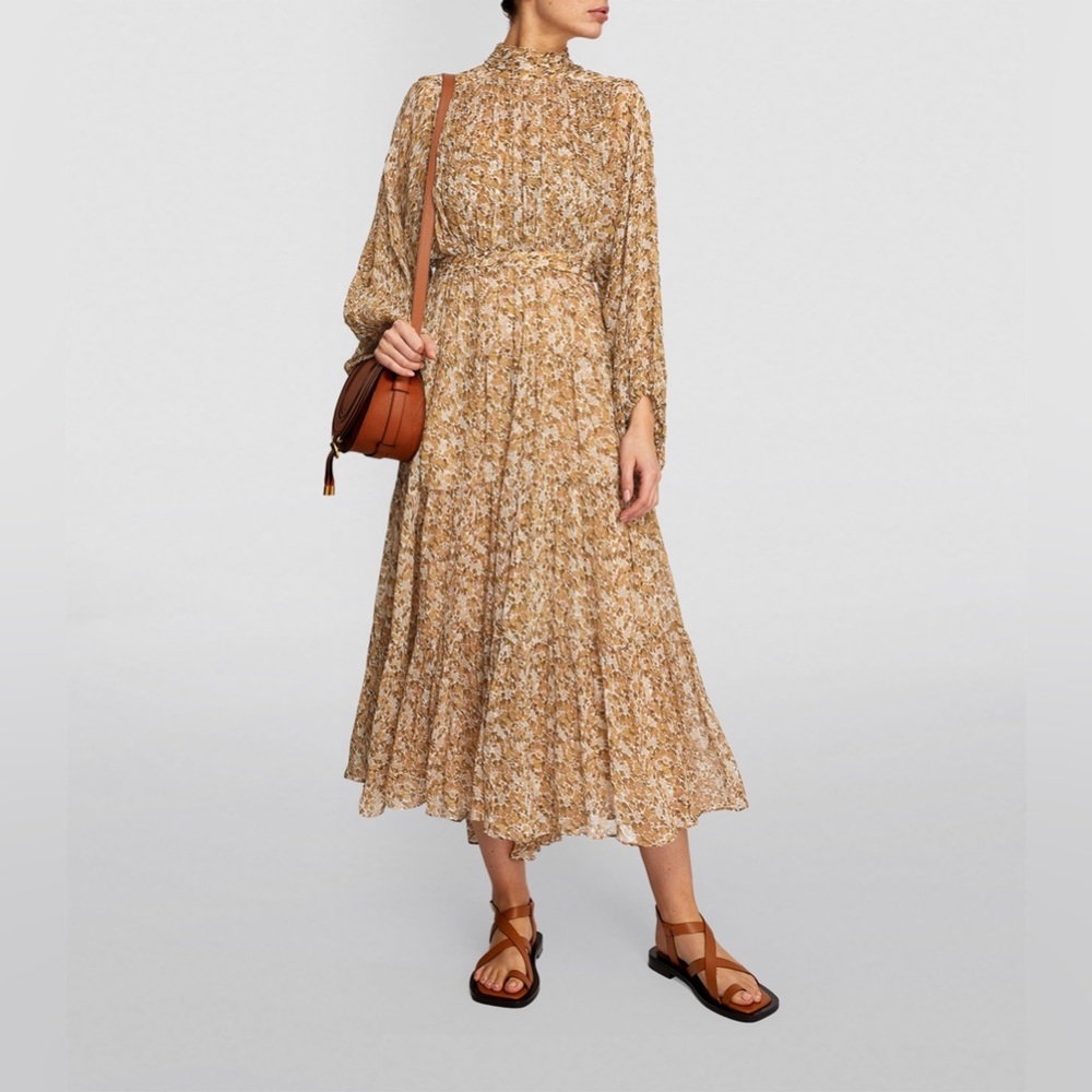 Shona Joy Ambar Long Sleeve Backless Tiered Midi Dress in Cumin Multi